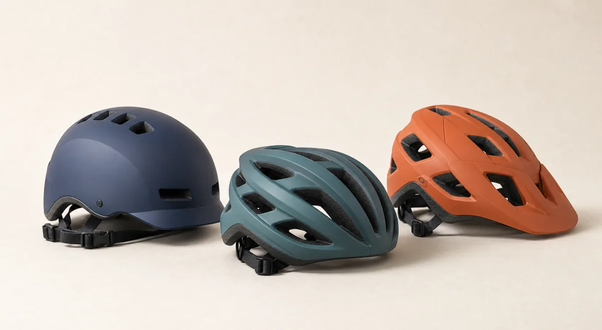 Three unbranded bicycle helmets in navy, teal, and orange.
